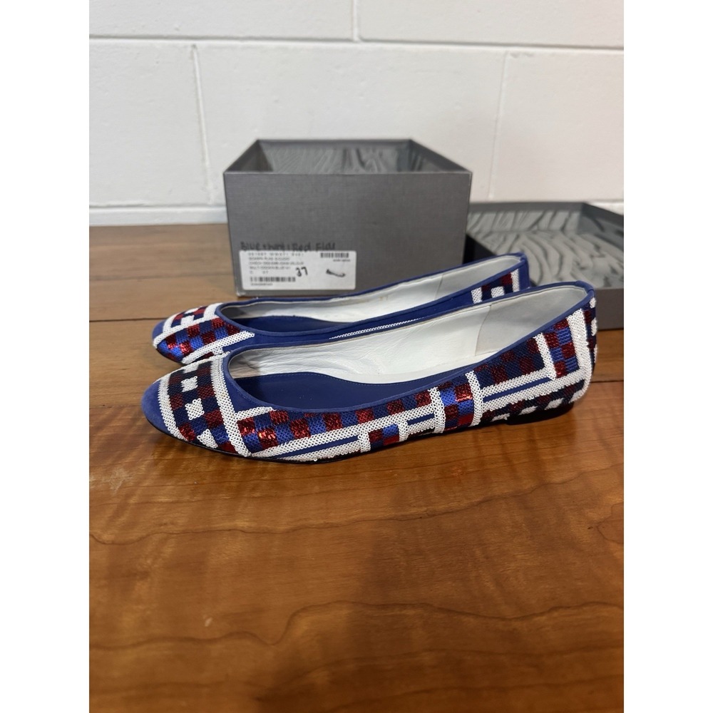 Alexander McQueen Sequin Plaid Ballet Flat Blue Red White EU 37 w Box Bag